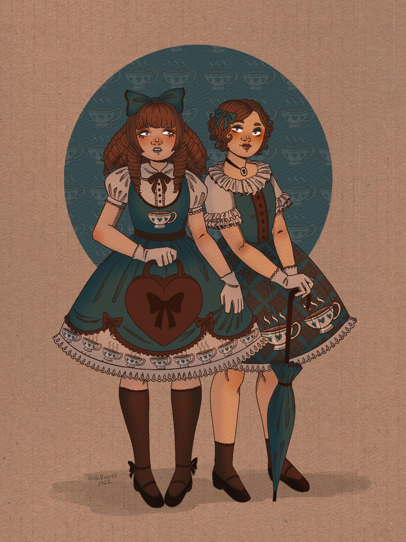 Two women dressed in EGL Lolita fashion patterned with coffee