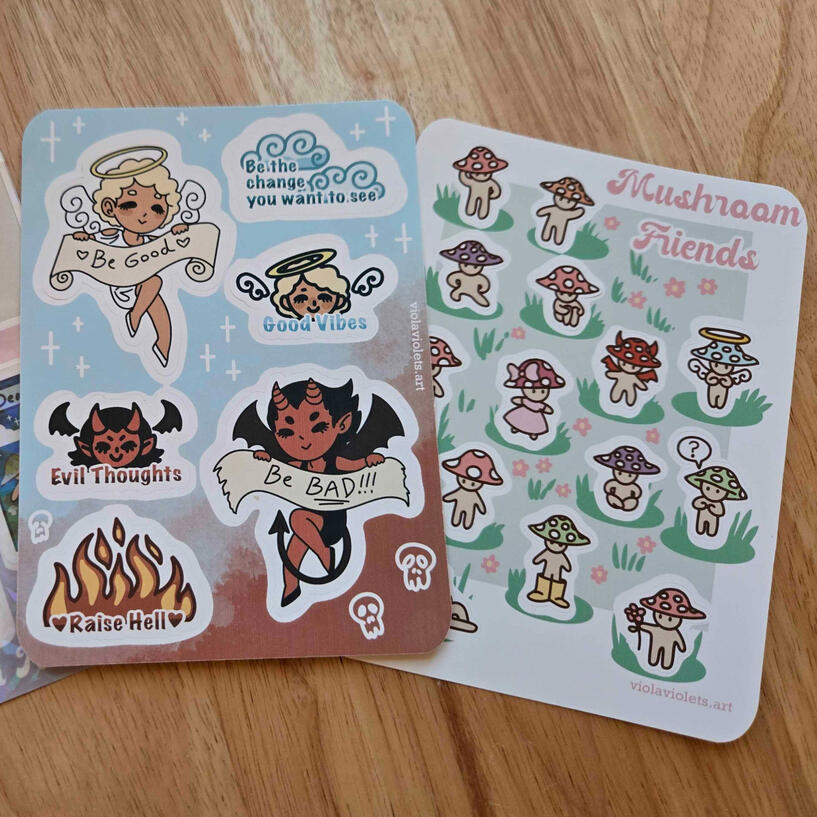 Mushroom sticker set and angel plus devil sticker set